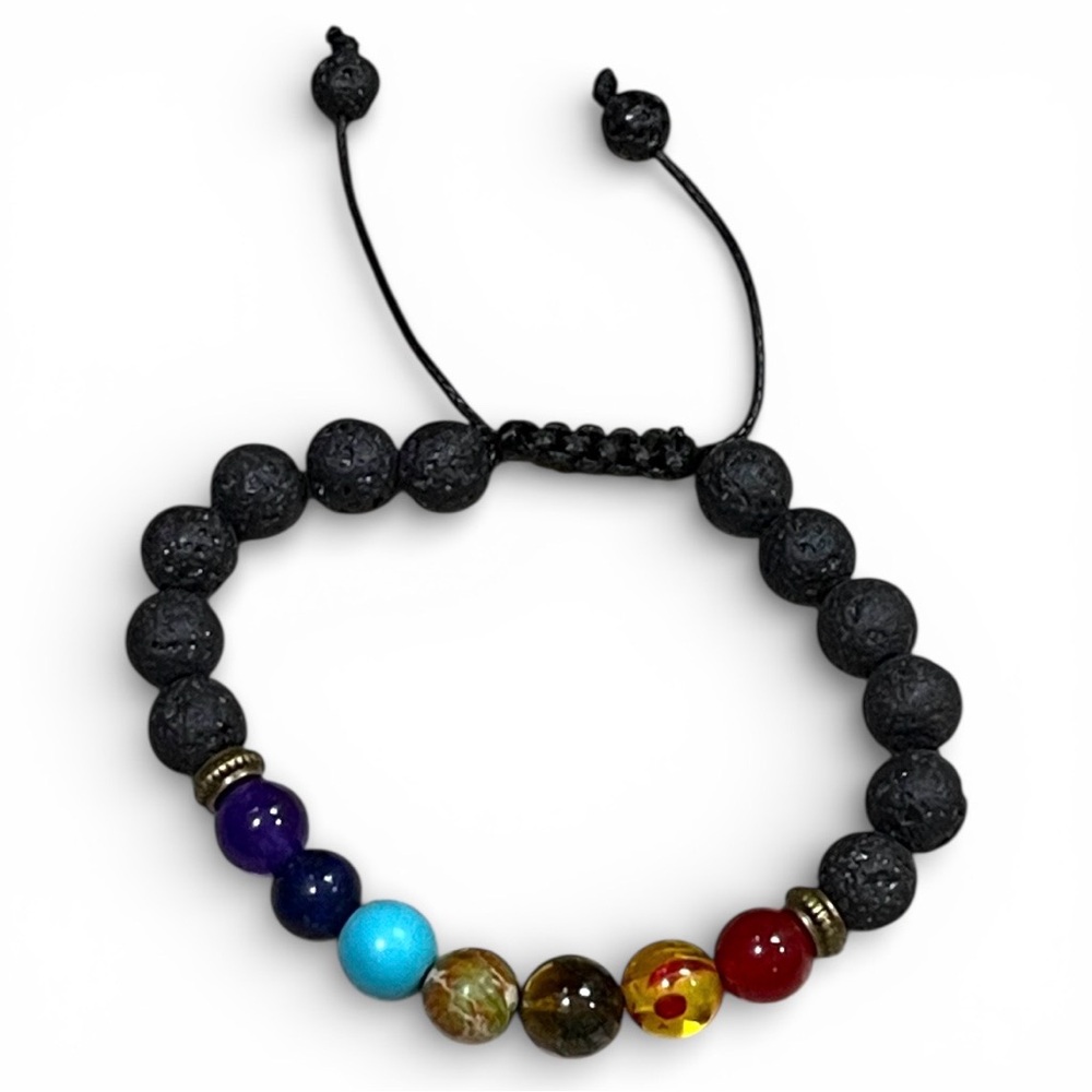 PAIR - 7 Chakras Lava Stone Braided Bracelet + Regalite Himalayan Lava Stone